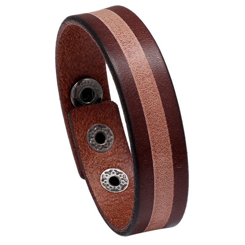 Modyle Wide Genuine Leather Cuff Bracelet – Vintage Brown & Black Punk Wristband for Men | Retro Fashion Jewelry Accessory