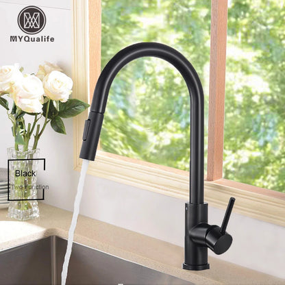 Black Kitchen Faucet – Single-Handle Pull-Out Mixer Tap with 2-Function Spray, Hot & Cold Water, Deck-Mounted Sink Faucet
