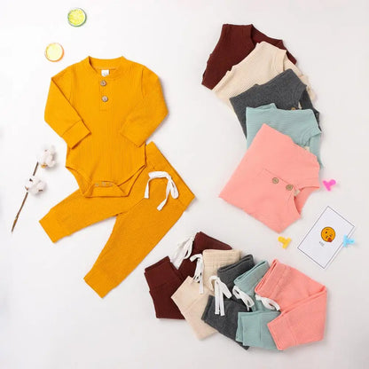 Conjunto de ropa para bebé recién nacido – Body de manga larga acanalado y a cuadros con pantalones elásticos, conjunto de 2 piezas de primavera y otoño para bebés y niñas, conjunto de ropa suave e informal para niños pequeños