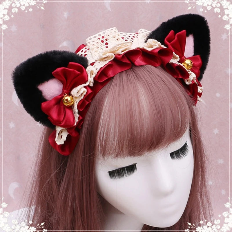 Cute Anime Lolita Cat Ear Headband, Plush Animal Ears with Ruffled Lace, Ribbon Bow and Bell, Kawaii Cosplay Hair Hoop for Masquerade, Costume Parties, and Daily Wear