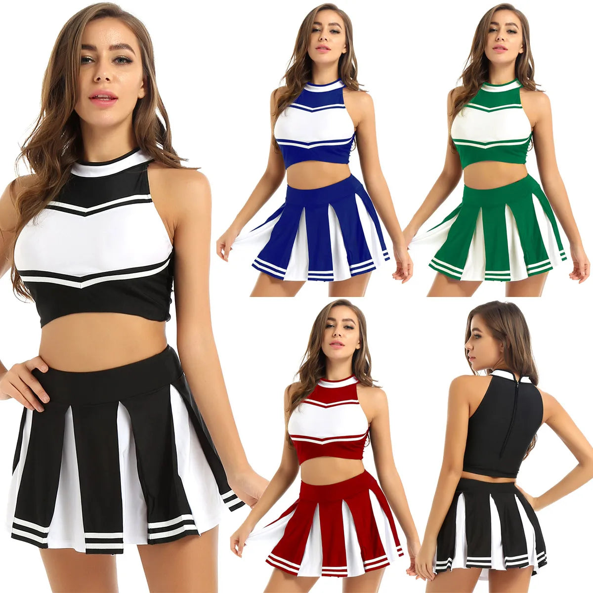 Women’s Cheerleader Cosplay Costume – Uniform Set (Crop Top + Mini Pleated Skirt, Carnival Outfit)