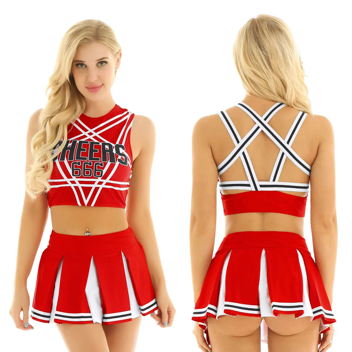 Women’s Cheerleader Cosplay Costume – Uniform Set (Crop Top + Mini Pleated Skirt, Carnival Outfit)