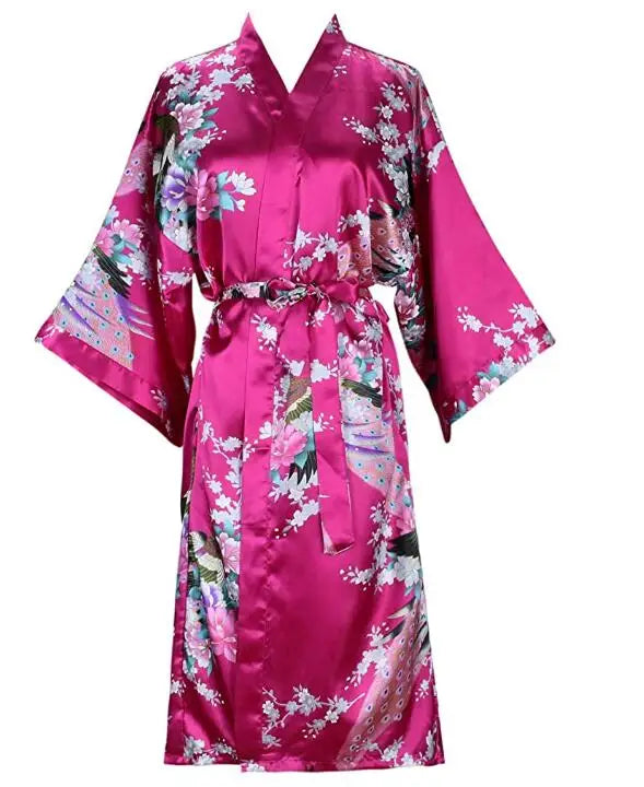 Silk Satin Floral Wedding Robe – Bride Bridesmaid Short Kimono Bathrobe Dressing Gown for Women