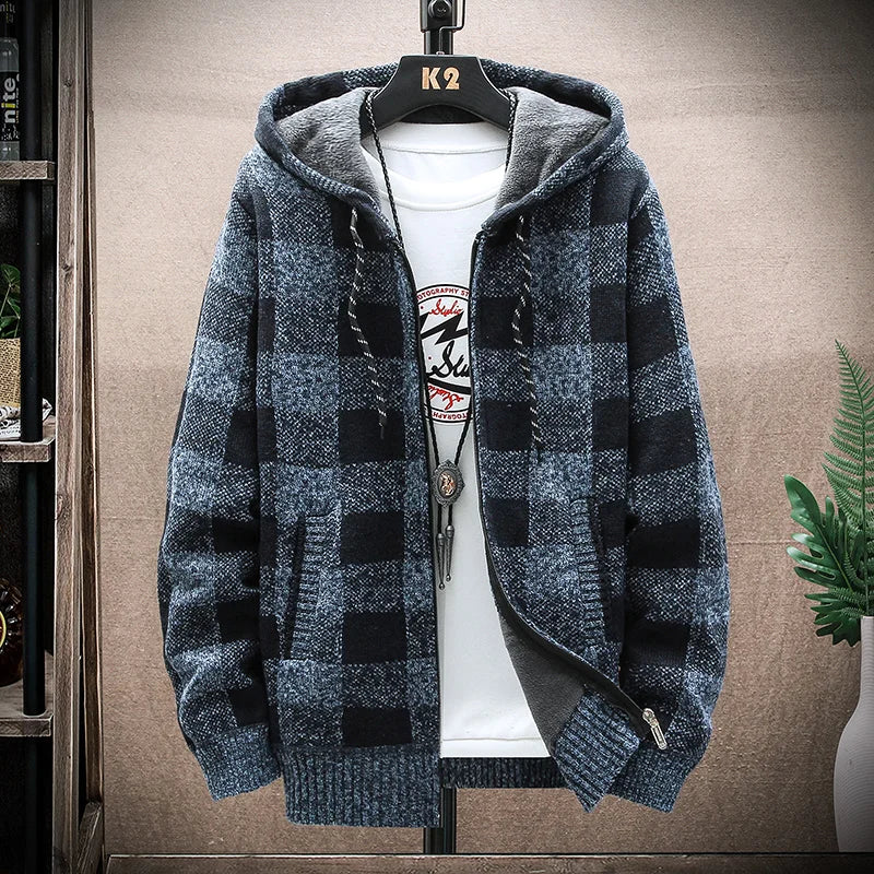 Men's Winter Plaid Hooded Cardigan Sweater Jacket Fleece Lined Warm Zipper Coat Checkered Knit Jumper for Autumn and Winter