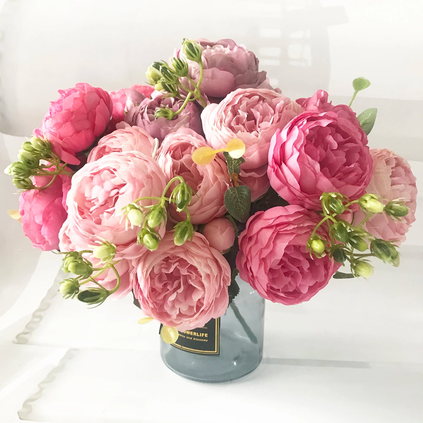 Bouquet de pivoines artificielles roses 30 cm – Fleurs en soie synthétiques avec 5 grandes fleurs et 4 bourgeons pour décoration de mariage, décoration intérieure, arrangements floraux et projets DIY
