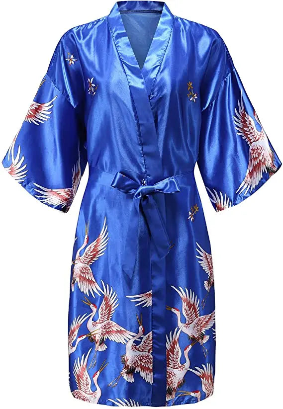 Silk Satin Floral Wedding Robe – Bride Bridesmaid Short Kimono Bathrobe Dressing Gown for Women