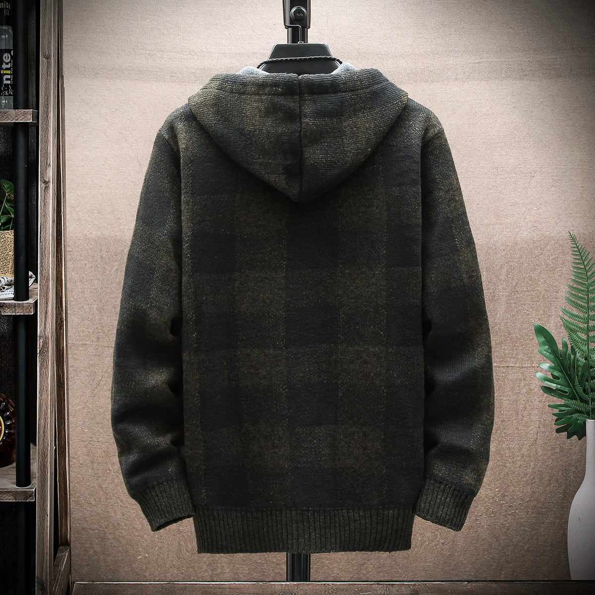 Men's Winter Plaid Hooded Cardigan Sweater Jacket Fleece Lined Warm Zipper Coat Checkered Knit Jumper for Autumn and Winter