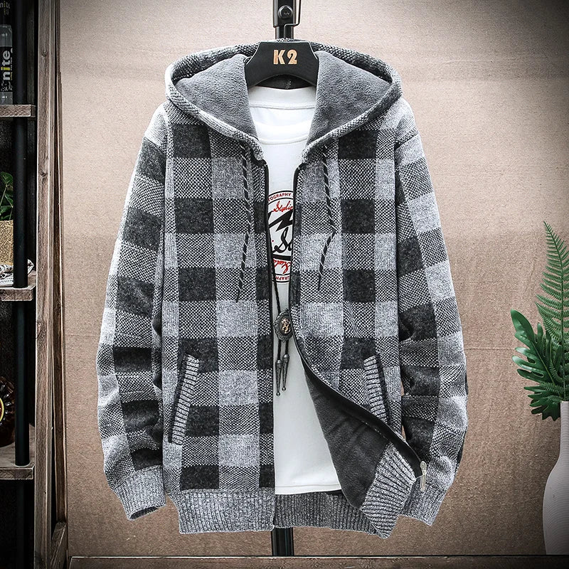 Men's Winter Plaid Hooded Cardigan Sweater Jacket Fleece Lined Warm Zipper Coat Checkered Knit Jumper for Autumn and Winter