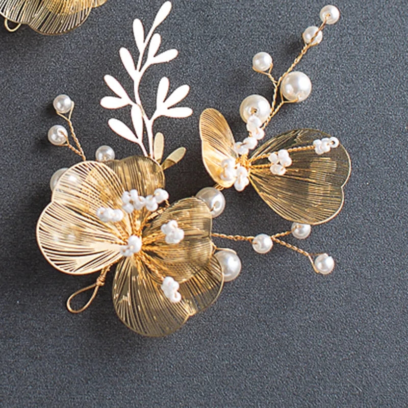Vintage Gold Floral Bridal Headband with Pearls – Fairy Wedding Tiara for Brides, Prom & Special Occasions