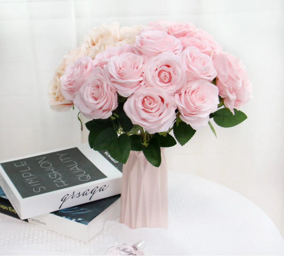 9 Heads Artificial Camellia Rose Bouquet – Realistic Faux Flowers for Wedding Decor, Party Displays, Home Decoration & Floral Gifts