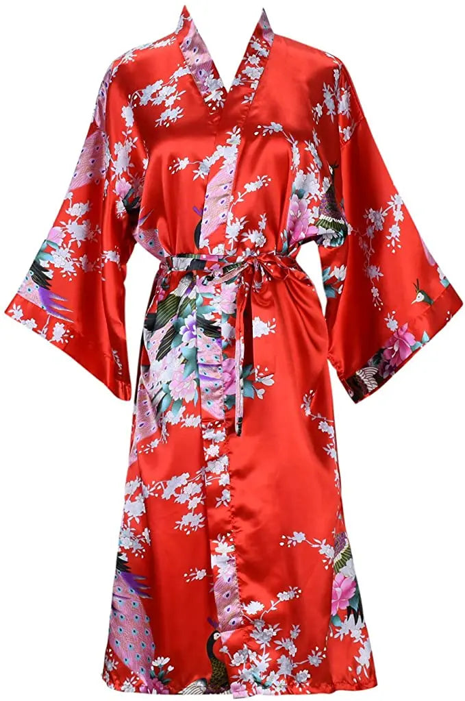 Silk Satin Floral Wedding Robe – Bride Bridesmaid Short Kimono Bathrobe Dressing Gown for Women