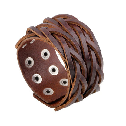 Modyle Wide Genuine Leather Cuff Bracelet – Vintage Brown & Black Punk Wristband for Men | Retro Fashion Jewelry Accessory