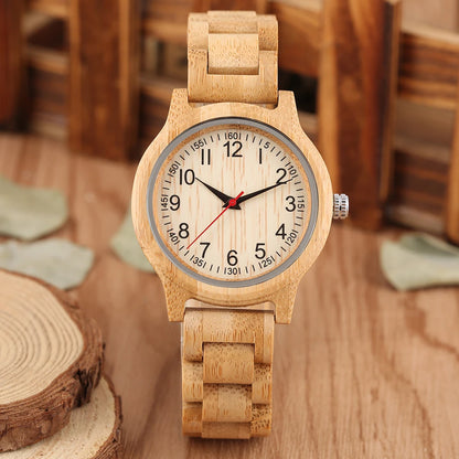Women’s Natural Bamboo Wood Quartz Watch – Minimalist Wooden Band Wristwatch, Elegant Luxury Style Ladies’ Dress Watch