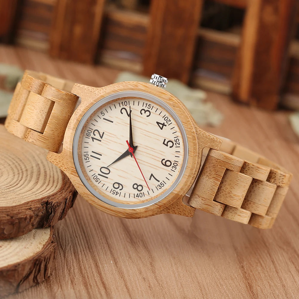 Women’s Natural Bamboo Wood Quartz Watch – Minimalist Wooden Band Wristwatch, Elegant Luxury Style Ladies’ Dress Watch