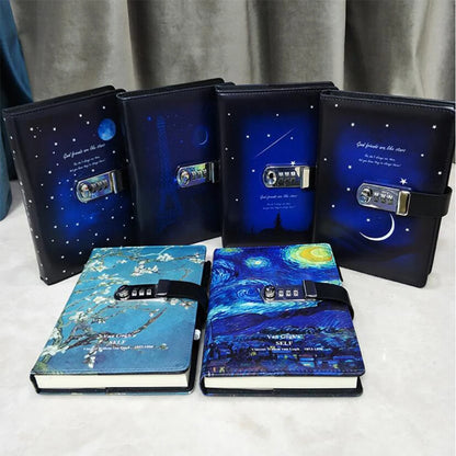 Password Lock Diary Notebook – Van Gogh Starry Night & Apricot Blossom Cover, 260-Page Secret Journal for Students & Kids