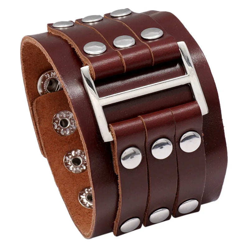 Modyle Wide Genuine Leather Cuff Bracelet – Vintage Brown & Black Punk Wristband for Men | Retro Fashion Jewelry Accessory