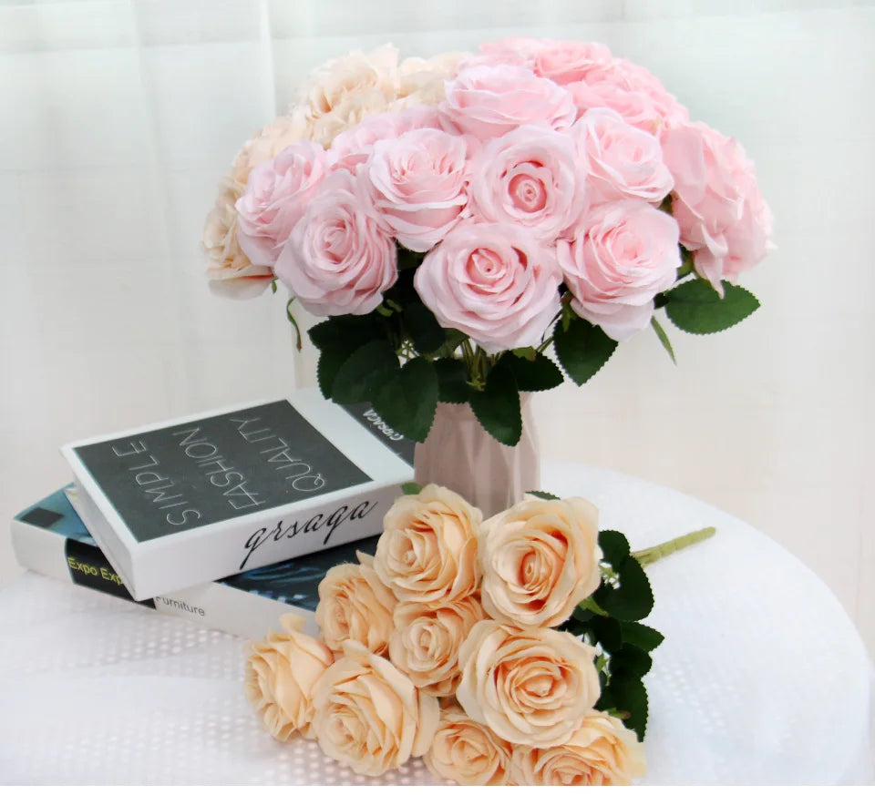 9 Heads Artificial Camellia Rose Bouquet – Realistic Faux Flowers for Wedding Decor, Party Displays, Home Decoration & Floral Gifts