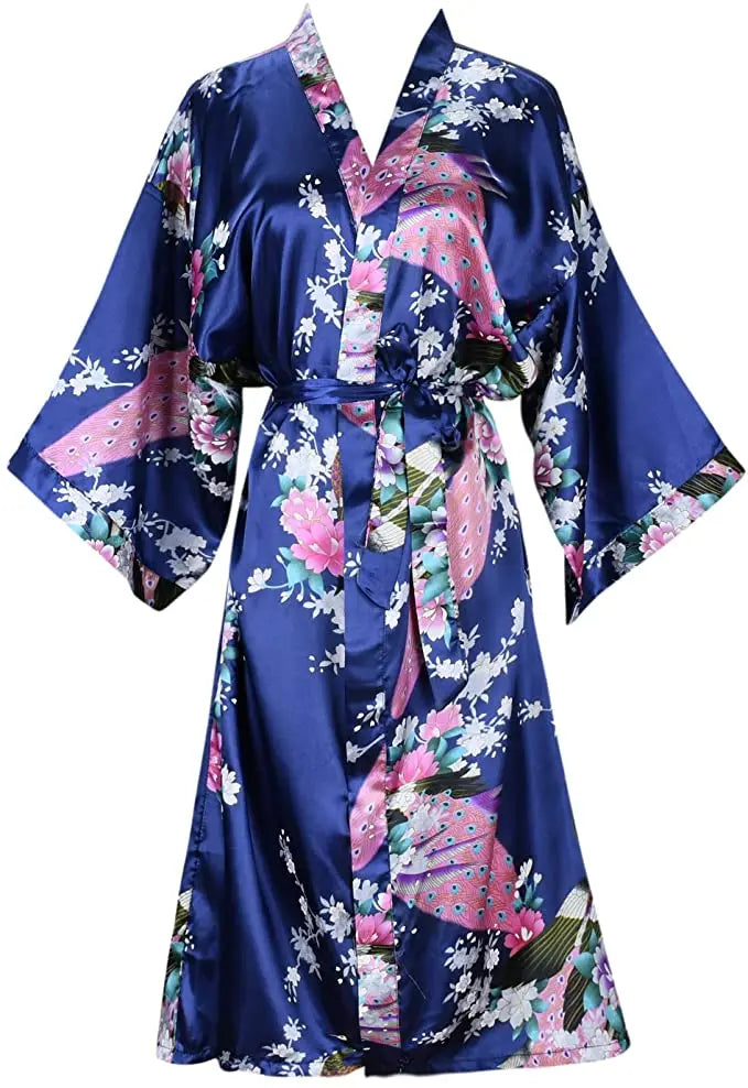 Silk Satin Floral Wedding Robe – Bride Bridesmaid Short Kimono Bathrobe Dressing Gown for Women