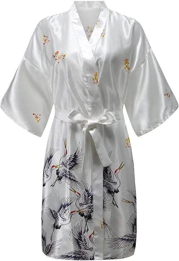 Silk Satin Floral Wedding Robe – Bride Bridesmaid Short Kimono Bathrobe Dressing Gown for Women
