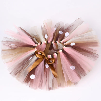 Girls Reindeer Tulle Tutu Skirt – Fluffy Brown Deer Costume for Christmas, Halloween, Carnival & Dress-Up, Ages 1–14Y