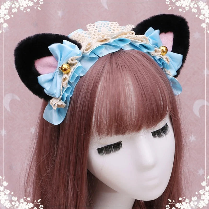 Cute Anime Lolita Cat Ear Headband, Plush Animal Ears with Ruffled Lace, Ribbon Bow and Bell, Kawaii Cosplay Hair Hoop for Masquerade, Costume Parties, and Daily Wear