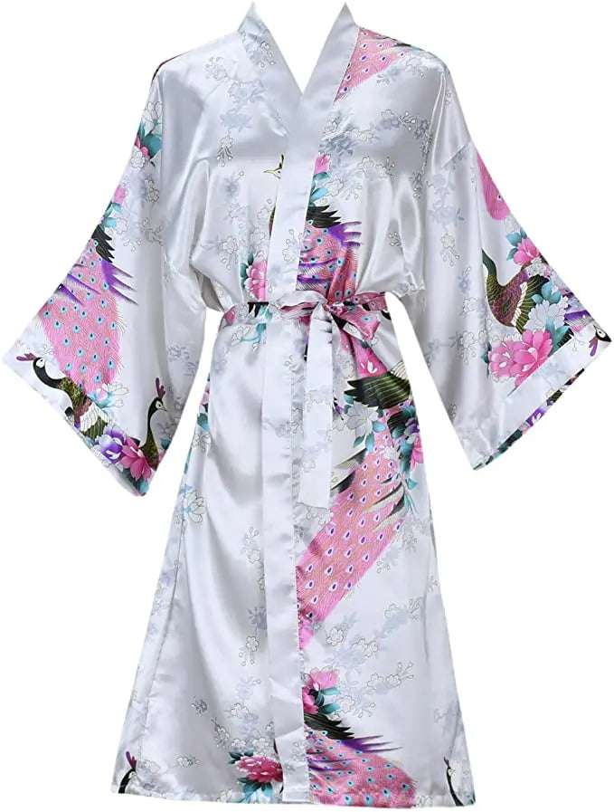 Silk Satin Floral Wedding Robe – Bride Bridesmaid Short Kimono Bathrobe Dressing Gown for Women