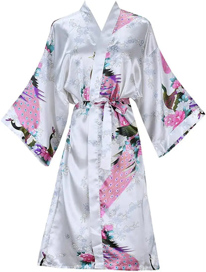 Silk Satin Floral Wedding Robe – Bride Bridesmaid Short Kimono Bathrobe Dressing Gown for Women