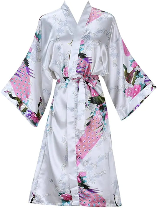 Bata de satén de seda floral para bodas – Kimono corto para damas de honor, bata para mujer