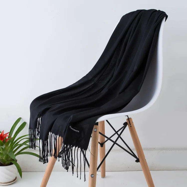 Bufanda de cachemira sólida para mujer – Chal Pashmina cálido de otoño invierno con diseño de borlas, accesorio de moda Foulard para hombres y mujeres