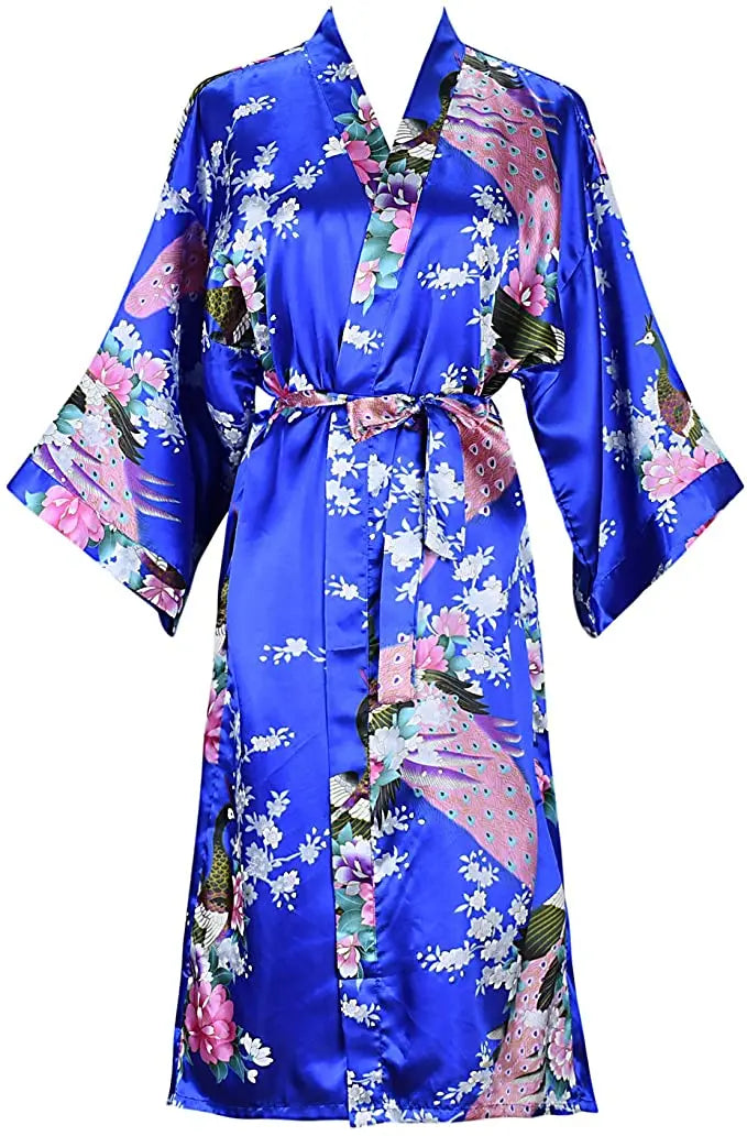 Silk Satin Floral Wedding Robe – Bride Bridesmaid Short Kimono Bathrobe Dressing Gown for Women
