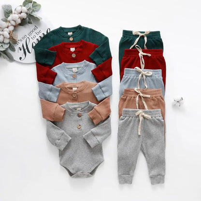 Conjunto de ropa para bebé recién nacido – Body de manga larga acanalado y a cuadros con pantalones elásticos, conjunto de 2 piezas de primavera y otoño para bebés y niñas, conjunto de ropa suave e informal para niños pequeños