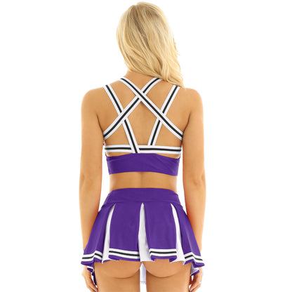 Women’s Cheerleader Cosplay Costume – Uniform Set (Crop Top + Mini Pleated Skirt, Carnival Outfit)