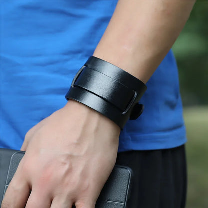 Modyle Wide Genuine Leather Cuff Bracelet – Vintage Brown & Black Punk Wristband for Men | Retro Fashion Jewelry Accessory