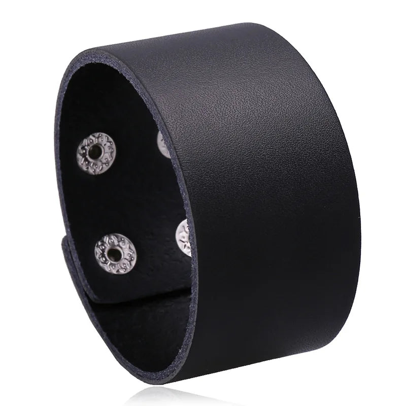 Modyle Wide Genuine Leather Cuff Bracelet – Vintage Brown & Black Punk Wristband for Men | Retro Fashion Jewelry Accessory