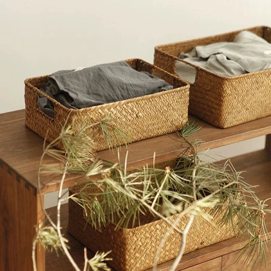 Cesta de almacenamiento Zerolife de pastos marinos naturales tejidos – Cesta grande de mimbre de paja para decoración del hogar, soporte de frutas y pan de mesa, organizador de toallas, contenedor de almacenamiento de cocina y cesta rústica de granja