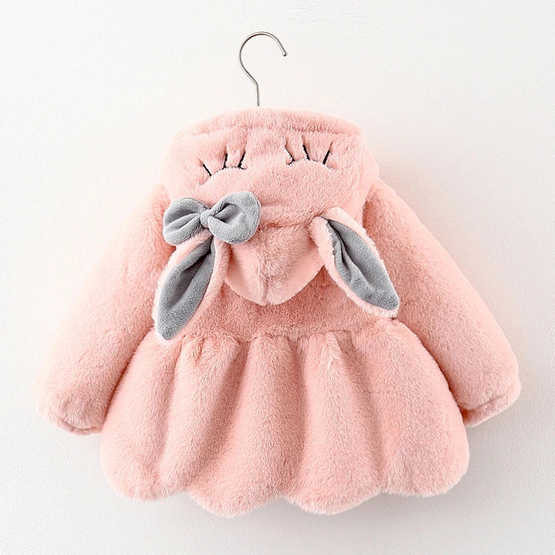 Cute Rabbit Ears Baby Jacket, Plush Hooded Winter Coat for Toddler Girls, Warm Princess Outerwear for Autumn and Christmas