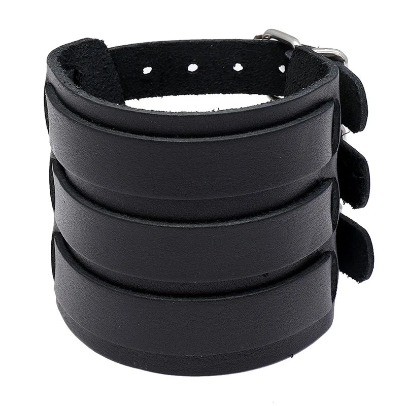 Modyle Wide Genuine Leather Cuff Bracelet – Vintage Brown & Black Punk Wristband for Men | Retro Fashion Jewelry Accessory