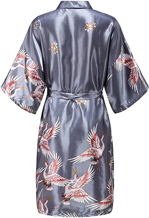 Silk Satin Floral Wedding Robe – Bride Bridesmaid Short Kimono Bathrobe Dressing Gown for Women