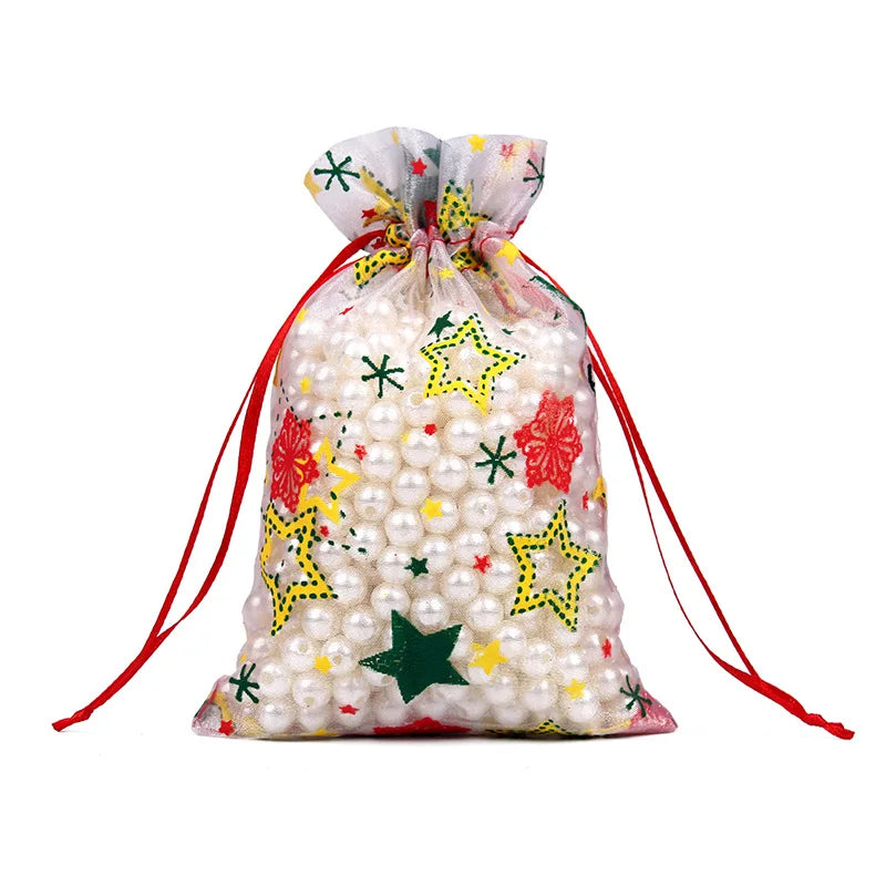 50PCS Santa Claus Christmas Organza Gift Bags – 10×15CM & 13×18CM Drawstring Jewelry & Favor Bags for Xmas Gift Packaging