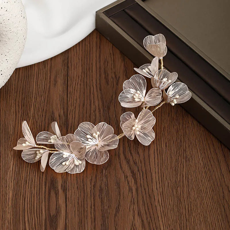 Vintage Gold Floral Bridal Headband with Pearls – Fairy Wedding Tiara for Brides, Prom & Special Occasions