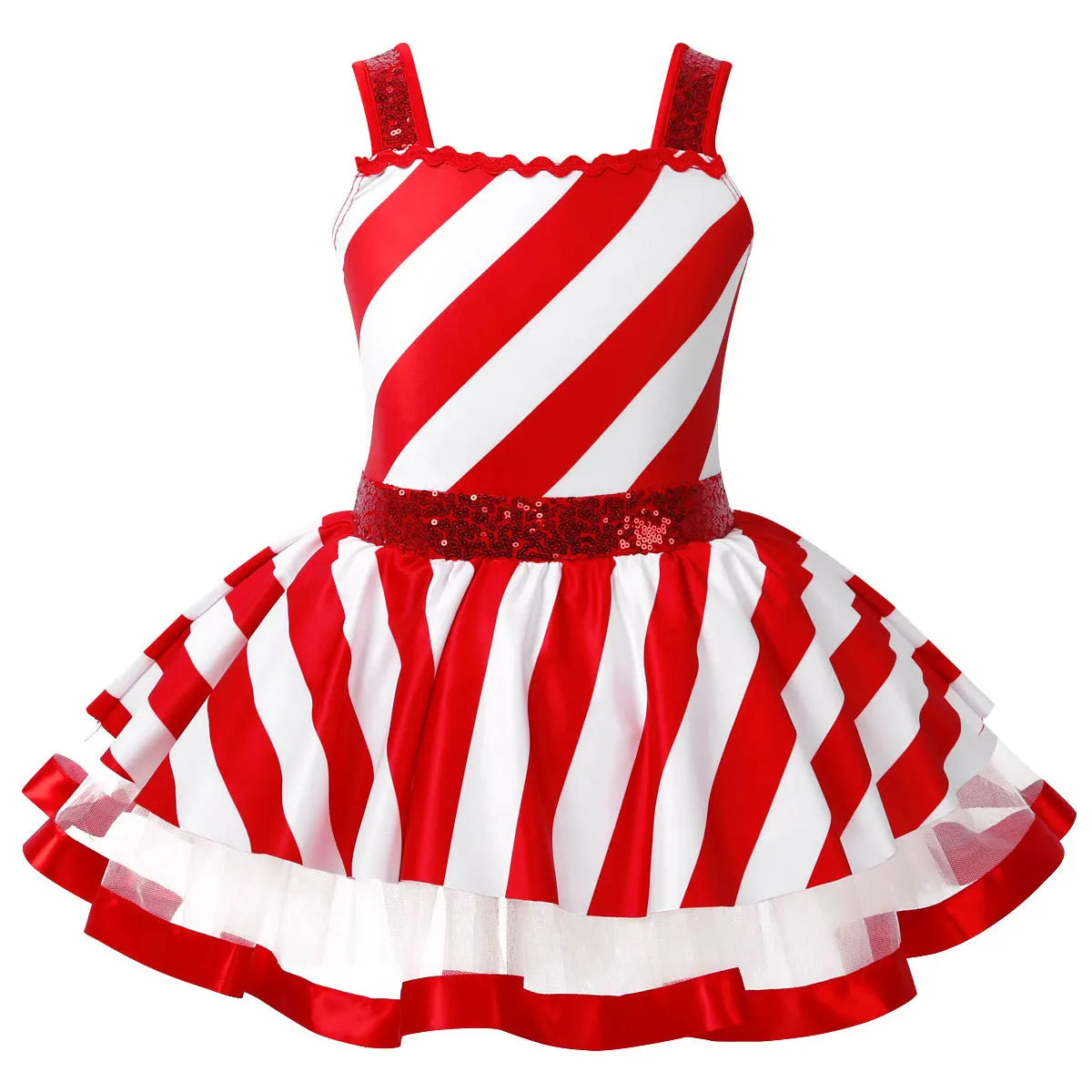 Girls' Christmas Candy Cane Costume Dress, Red and White Striped Sequin Mesh Tutu Leotard for Ballet, Skating, Dance, Carnival, Circus and Holiday Parties