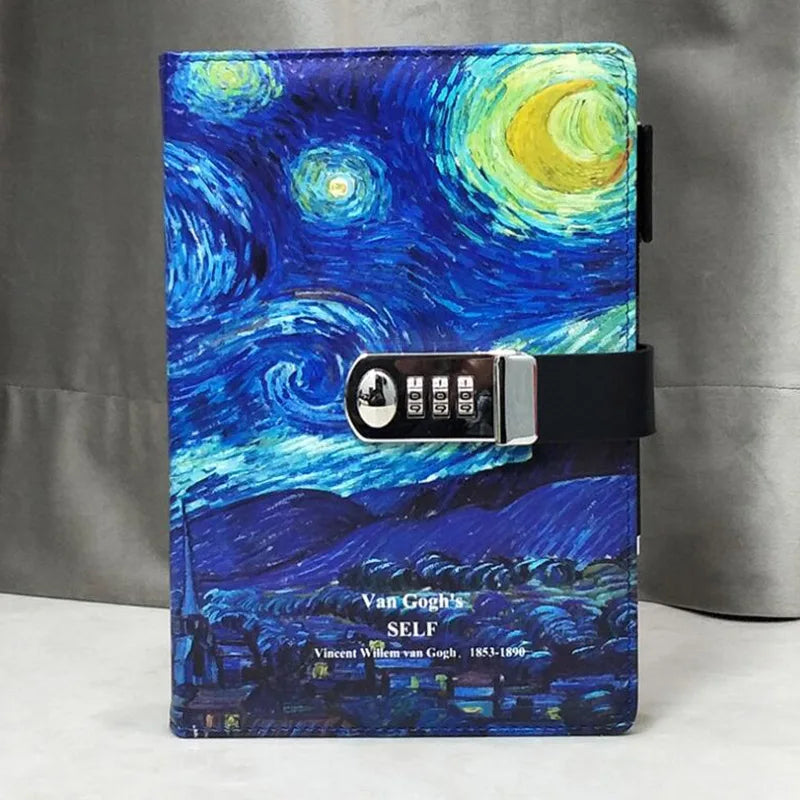 Password Lock Diary Notebook – Van Gogh Starry Night & Apricot Blossom Cover, 260-Page Secret Journal for Students & Kids