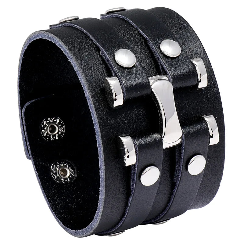 Modyle Wide Genuine Leather Cuff Bracelet – Vintage Brown & Black Punk Wristband for Men | Retro Fashion Jewelry Accessory