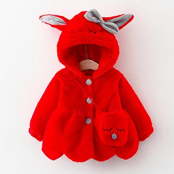 Cute Rabbit Ears Baby Jacket, Plush Hooded Winter Coat for Toddler Girls, Warm Princess Outerwear for Autumn and Christmas