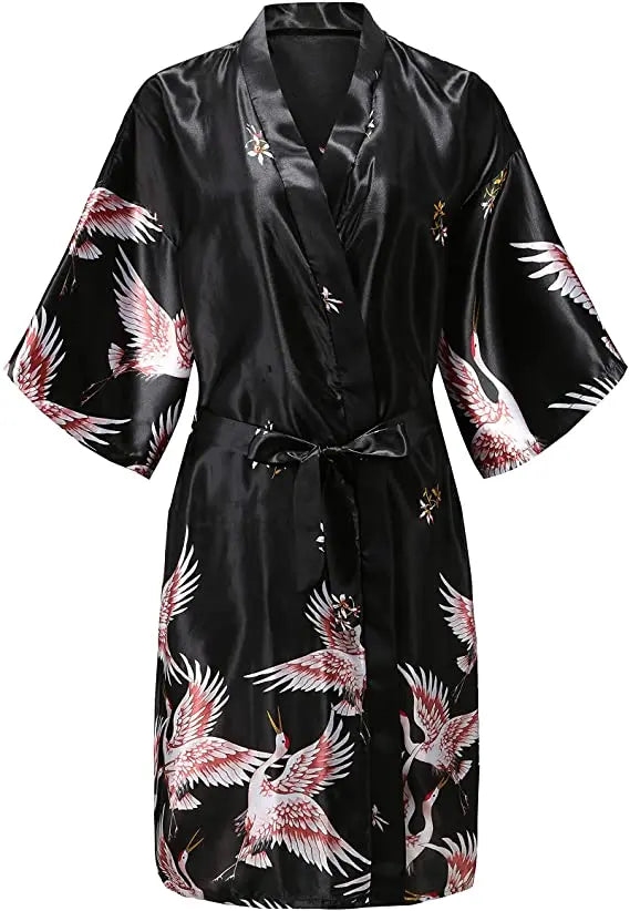 Silk Satin Floral Wedding Robe – Bride Bridesmaid Short Kimono Bathrobe Dressing Gown for Women