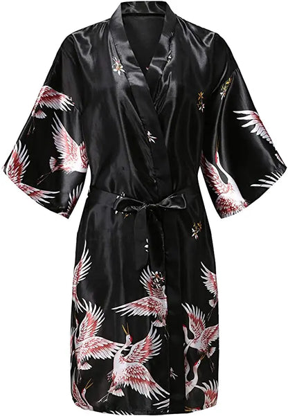 Silk Satin Floral Wedding Robe – Bride Bridesmaid Short Kimono Bathrobe Dressing Gown for Women