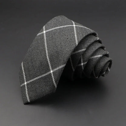 Men's 6cm Handmade Cotton Skinny Plaid Necktie – Slim Striped Grey Tie for Business, Casual & Wedding Wear
