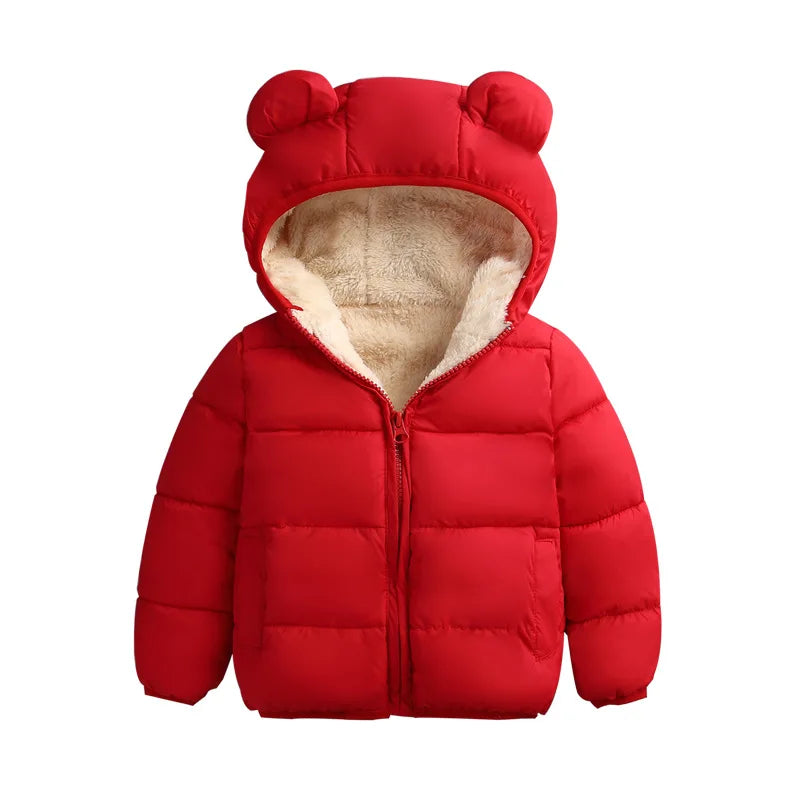 Baby Winter Hooded Down Jacket, Cute Ear Design Padded Snowsuit for Boys and Girls, Warm Solid Color Kids Coat and Cold Weather Outerwear