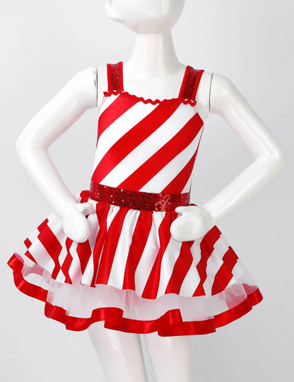 Girls' Christmas Candy Cane Costume Dress, Red and White Striped Sequin Mesh Tutu Leotard for Ballet, Skating, Dance, Carnival, Circus and Holiday Parties