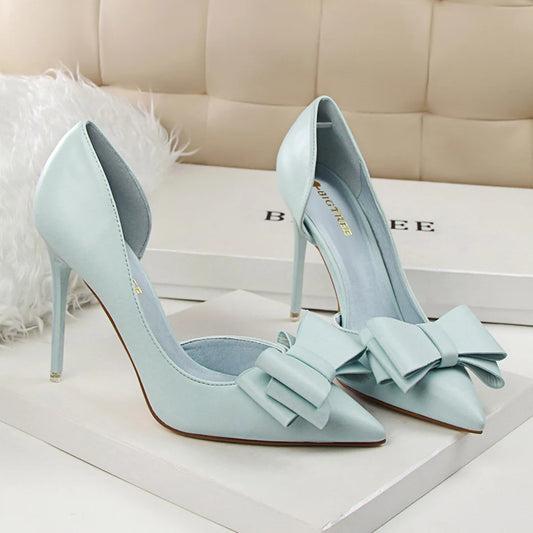 Zapatos de tacón de aguja con punta para mujer, con lazo, elegantes, estilo coreano, para boda